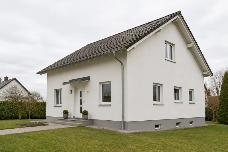 Dasselbe Haus nach dem Fassadenanstrich in gebrochenem Weiß
