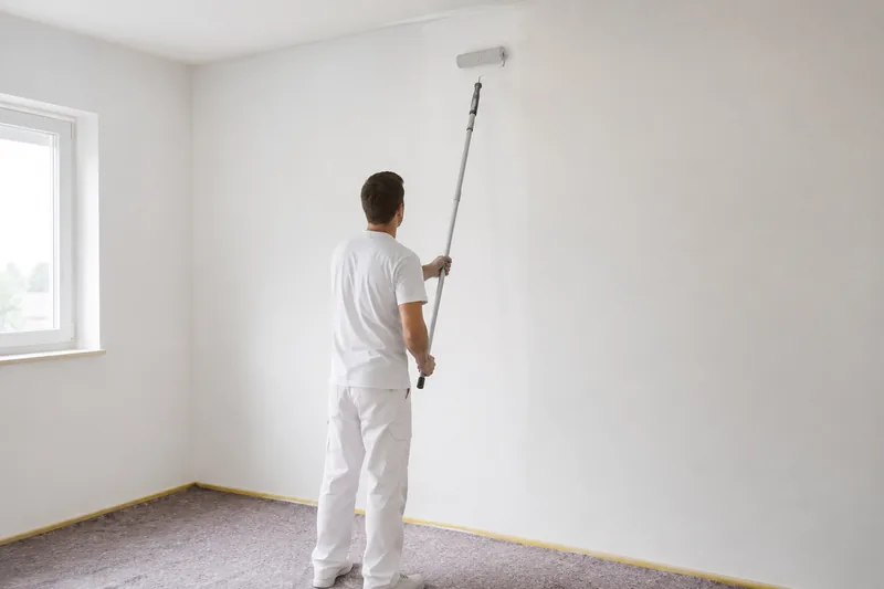 Wand wird mit der Rolle an der Teleskopstange gestrichen