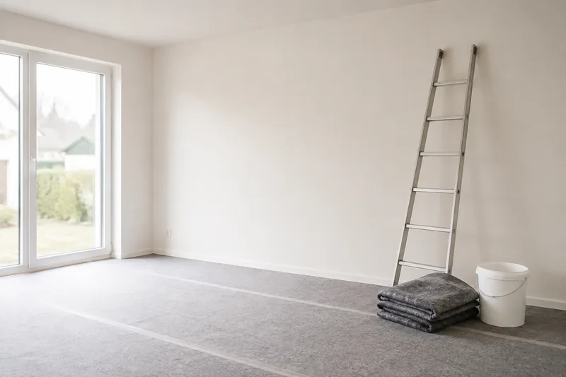 Fertig gestrichener heller Wohnraum mit ausgelegtem Bodenschutz