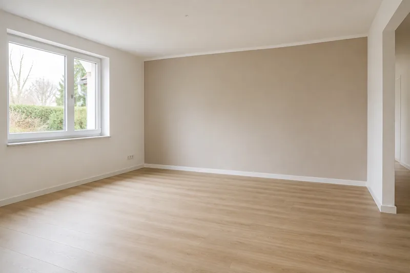 Derselbe Raum nach der Renovierung mit weißen Wänden und hellem Vinylboden